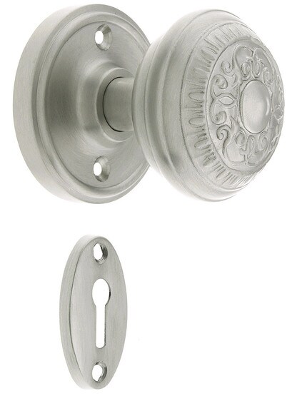 Classic Rosette Mortise Lock Set With Egg And Dart Door Knobs in Satin Nickel finish.